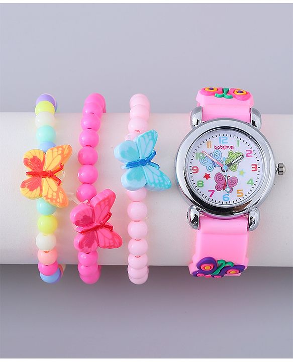 Babyhug Analog Watch with Bracelets & Butterfly Print - Multicolor