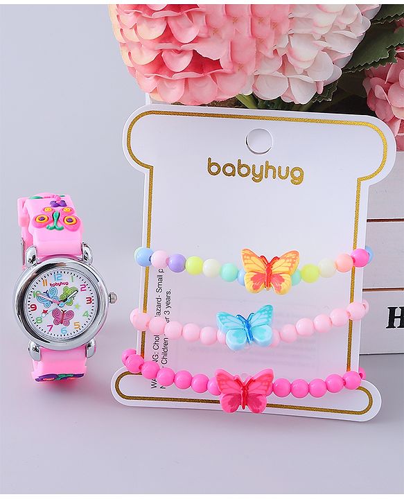 Babyhug Analog Watch with Bracelets & Butterfly Print - Multicolor
