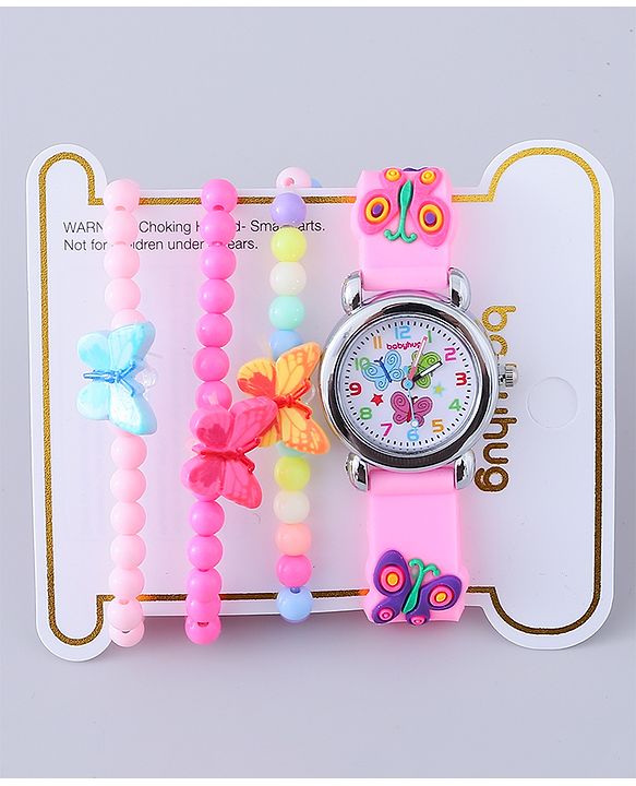 Babyhug Analog Watch with Bracelets & Butterfly Print - Multicolor