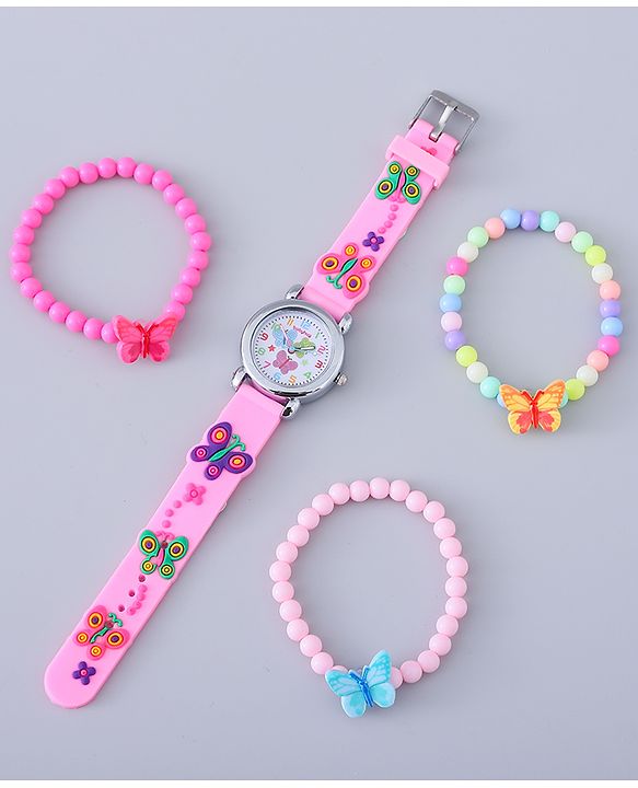 Babyhug Analog Watch with Bracelets & Butterfly Print - Multicolor