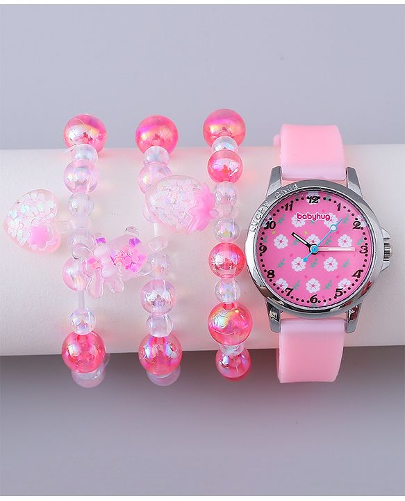 Babyhug Analog Watch with Bracelets & Floral Print- Pink