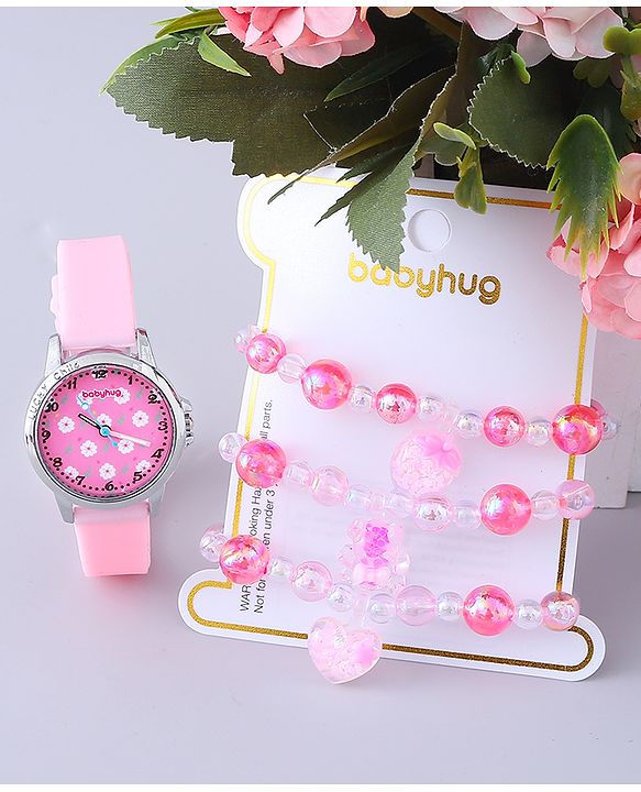 Babyhug Analog Watch with Bracelets & Floral Print- Pink