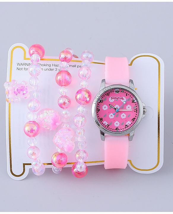 Babyhug Analog Watch with Bracelets & Floral Print- Pink