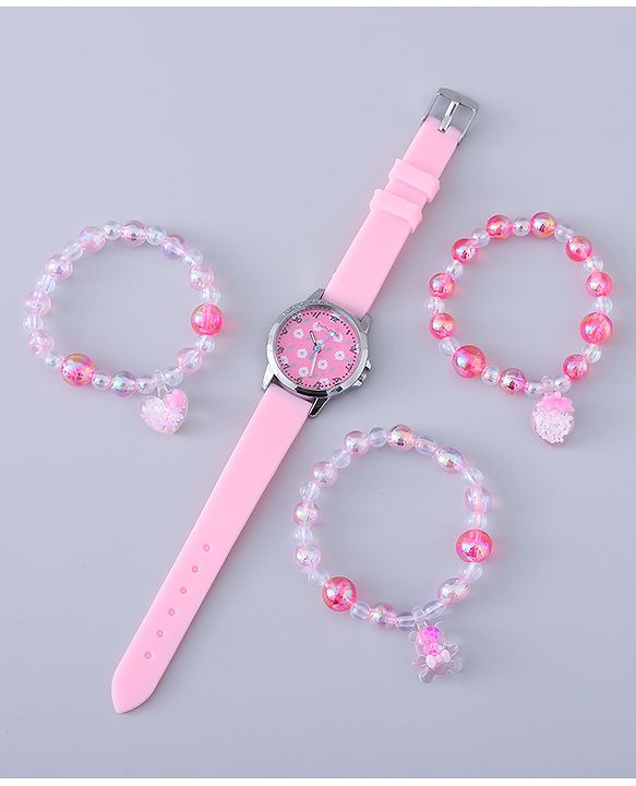 Babyhug Analog Watch with Bracelets & Floral Print- Pink