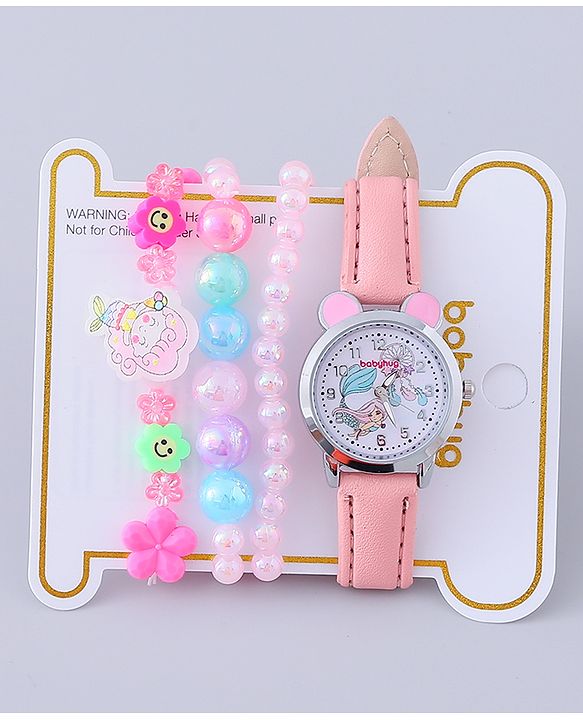 Babyhug Analog Watch with Bracelets & Mermaid Print - Multicolor