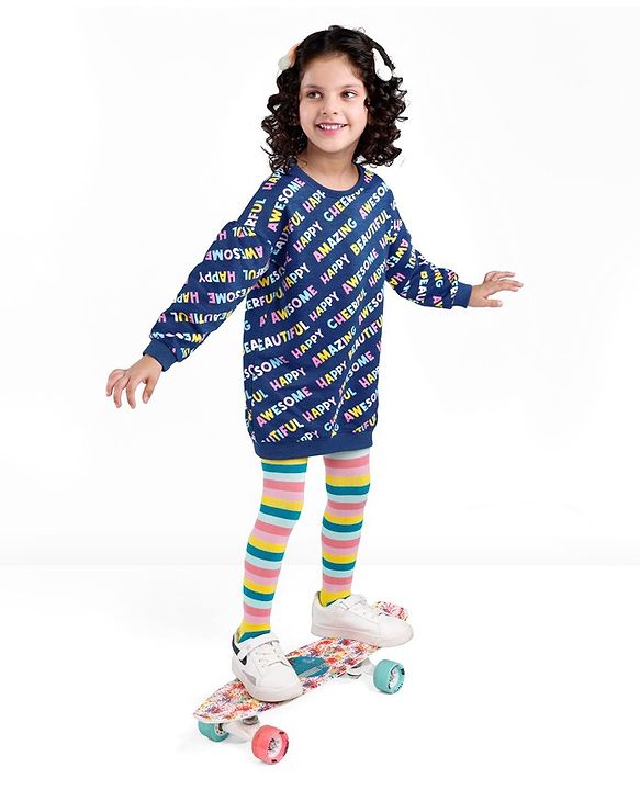 Babyhug 100% Cotton Knit Full Sleeves Winter Frock With Stockings Text Print - Navy Blue