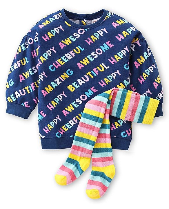Babyhug 100% Cotton Knit Full Sleeves Winter Frock With Stockings Text Print - Navy Blue