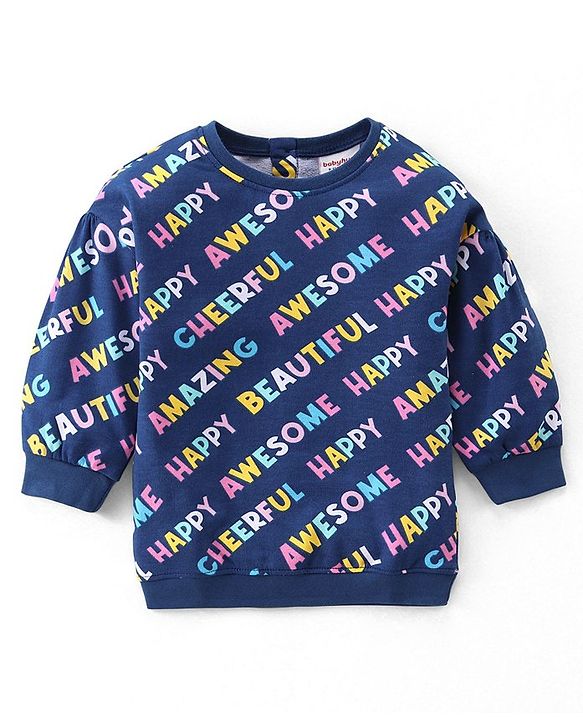 Babyhug 100% Cotton Knit Full Sleeves Winter Frock With Stockings Text Print - Navy Blue