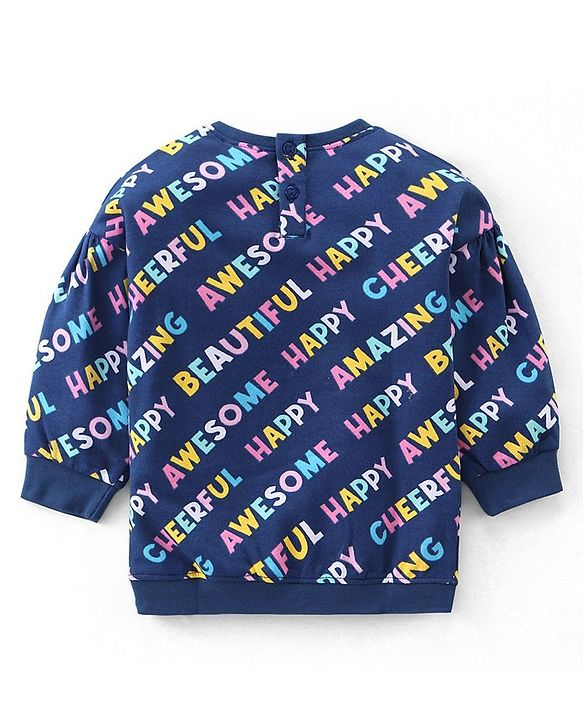 Babyhug 100% Cotton Knit Full Sleeves Winter Frock With Stockings Text Print - Navy Blue