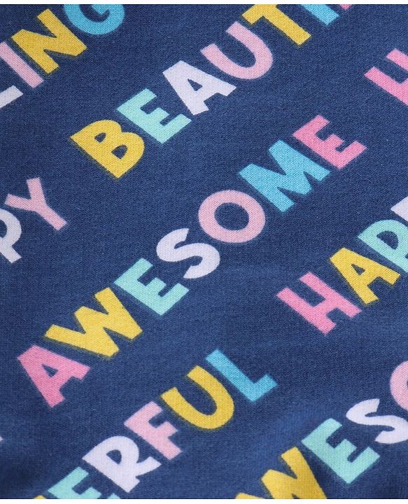 Babyhug 100% Cotton Knit Full Sleeves Winter Frock With Stockings Text Print - Navy Blue