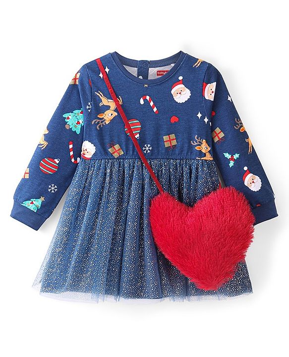 Babyhug 100% Cotton Full Sleeves Winter Frock Christmas Print with Heart Shape Hand Bag - Navy Blue