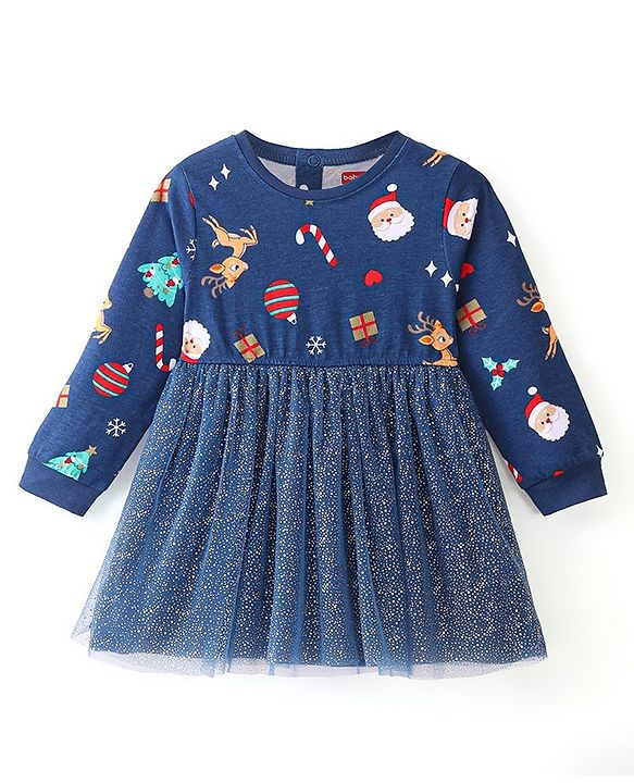 Babyhug 100% Cotton Full Sleeves Winter Frock Christmas Print with Heart Shape Hand Bag - Navy Blue