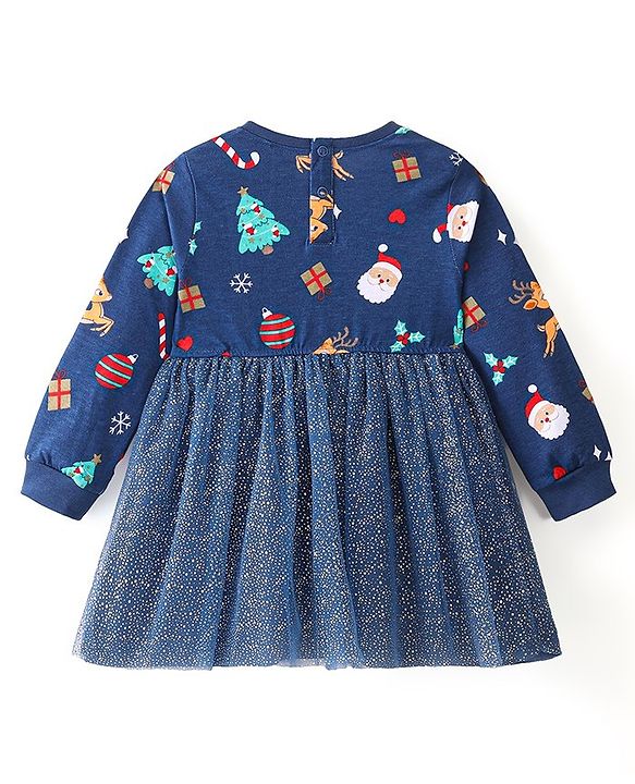 Babyhug 100% Cotton Full Sleeves Winter Frock Christmas Print with Heart Shape Hand Bag - Navy Blue