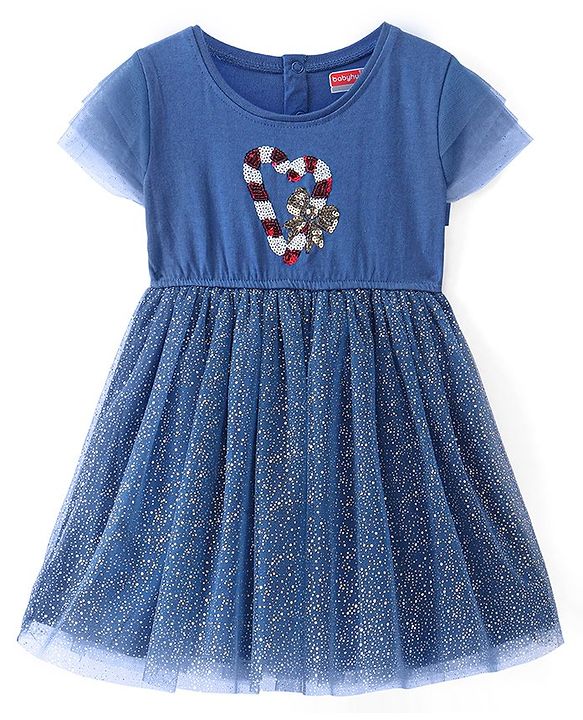 Babyhug Cotton Knit Half Sleeves Frock with Glitter Print & Sequin Detail - Navy Blue