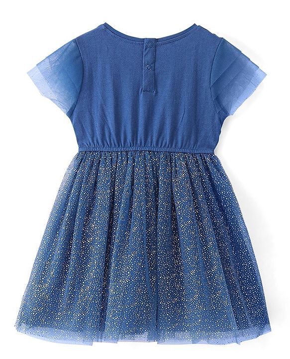 Babyhug Cotton Knit Half Sleeves Frock with Glitter Print & Sequin Detail - Navy Blue