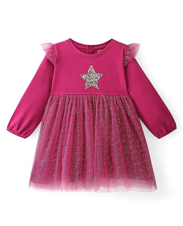 Babyhug 100% Cotton Full Sleeves Frock With Sequined Star & Glitter Print- Red