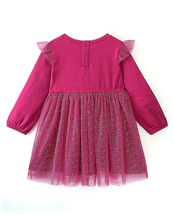 Babyhug 100% Cotton Full Sleeves Frock With Sequined Star & Glitter Print- Red