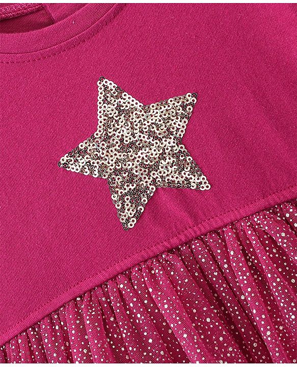 Babyhug 100% Cotton Full Sleeves Frock With Sequined Star & Glitter Print- Red