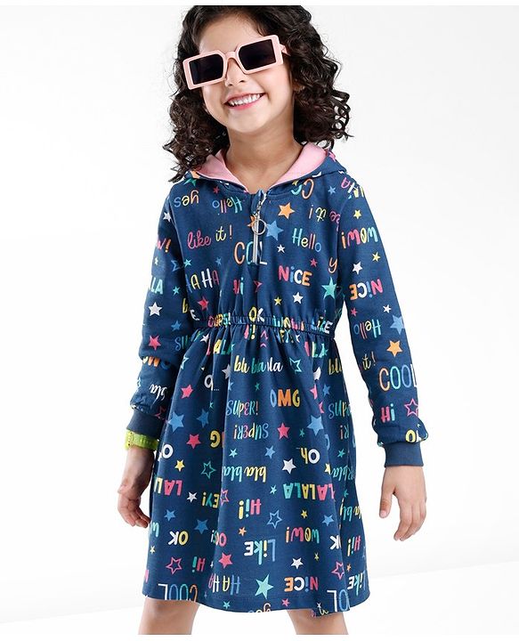 Babyhug 100% Cotton Knit Full Sleeves Hooded Frocks with Text Print - Navy Blue
