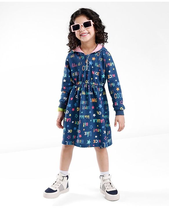 Babyhug 100% Cotton Knit Full Sleeves Hooded Frocks with Text Print - Navy Blue