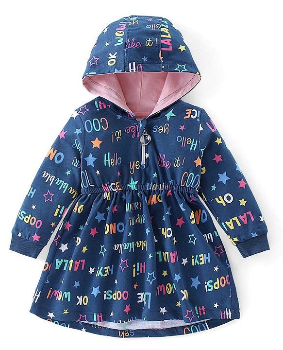 Babyhug 100% Cotton Knit Full Sleeves Hooded Frocks with Text Print - Navy Blue