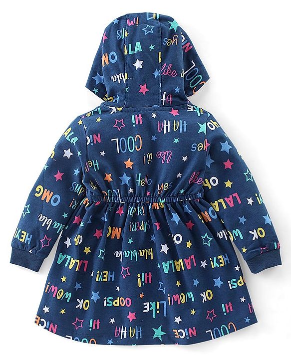 Babyhug 100% Cotton Knit Full Sleeves Hooded Frocks with Text Print - Navy Blue