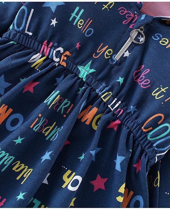 Babyhug 100% Cotton Knit Full Sleeves Hooded Frocks with Text Print - Navy Blue