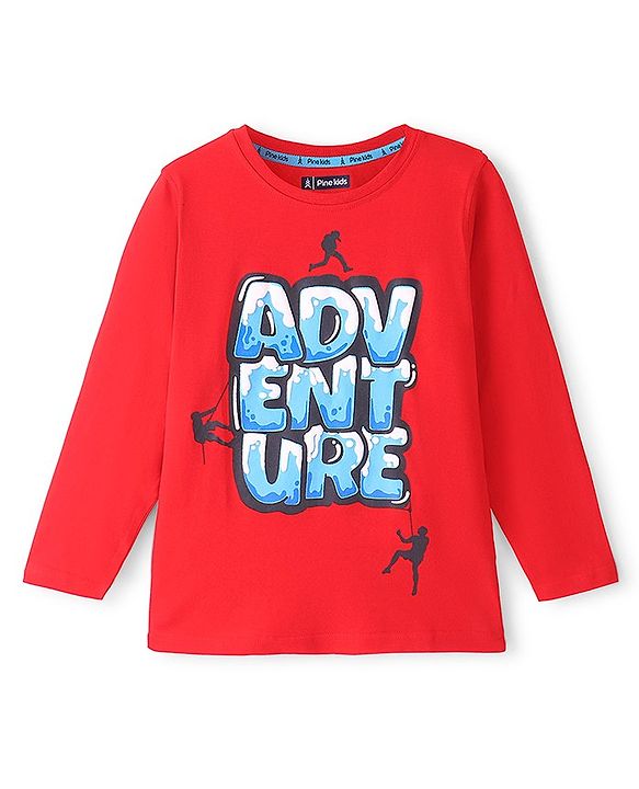 Pine Kids 100% Cotton Full Sleeves Bio Washed T-Shirt Text Print- Red