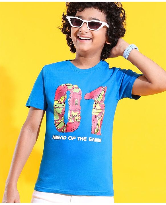 Pine Kids 100% Cotton Knit Half Sleeves Ahead of The Game Printed T-Shirt -Blue Aster