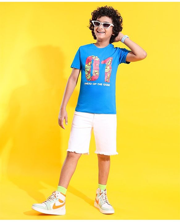 Pine Kids 100% Cotton Knit Half Sleeves Ahead of The Game Printed T-Shirt -Blue Aster