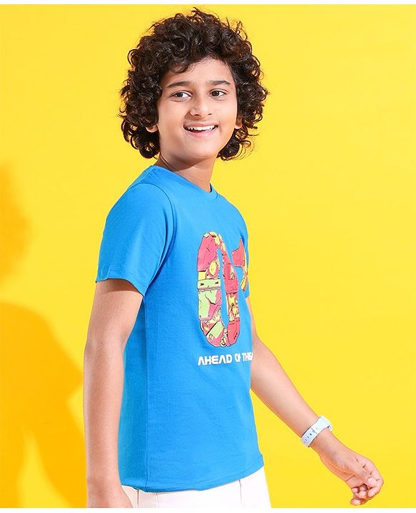 Pine Kids 100% Cotton Knit Half Sleeves Ahead of The Game Printed T-Shirt -Blue Aster