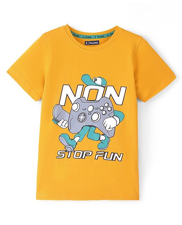 Pine Kids 100% Cotton Knit Half Sleeves Biowashed T-Shirt Gaming Console Print - Old Gold