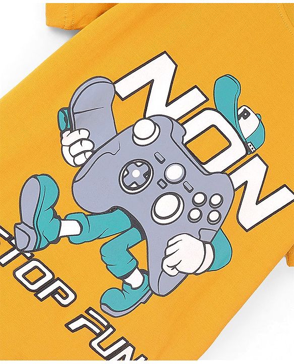 Pine Kids 100% Cotton Knit Half Sleeves Biowashed T-Shirt Gaming Console Print - Old Gold