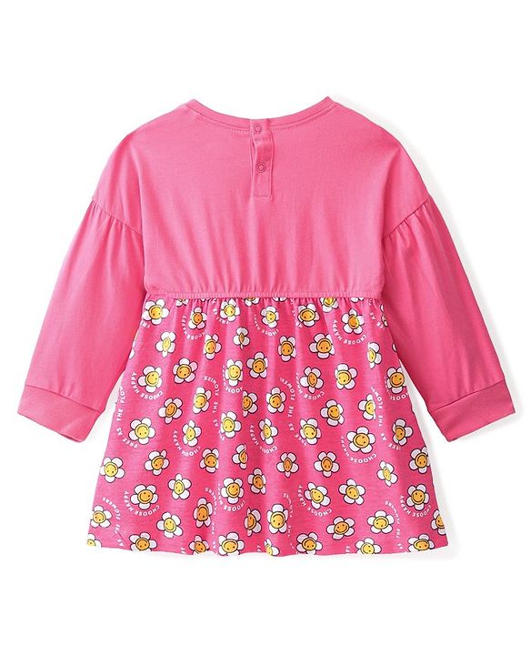 Babyhug 100% Cotton Full Sleeves Frock With Floral Print - Pink