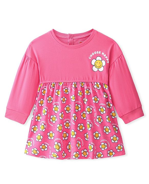 Babyhug 100% Cotton Full Sleeves Frock With Floral Print - Pink