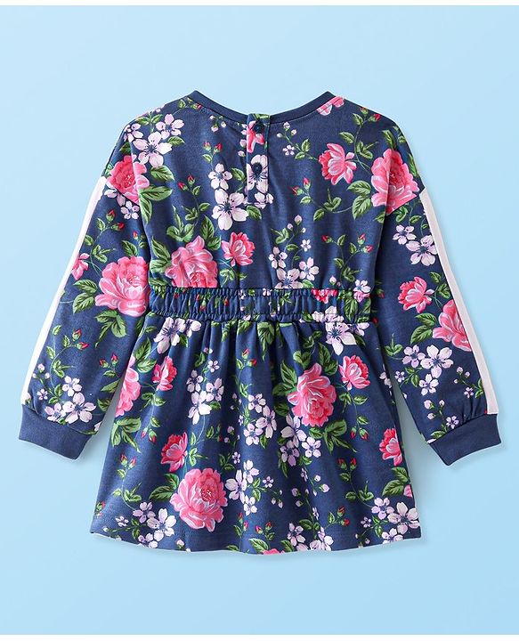 Babyhug 100% Cotton Knit Full Sleeves Winter Frock Floral Print- Blue