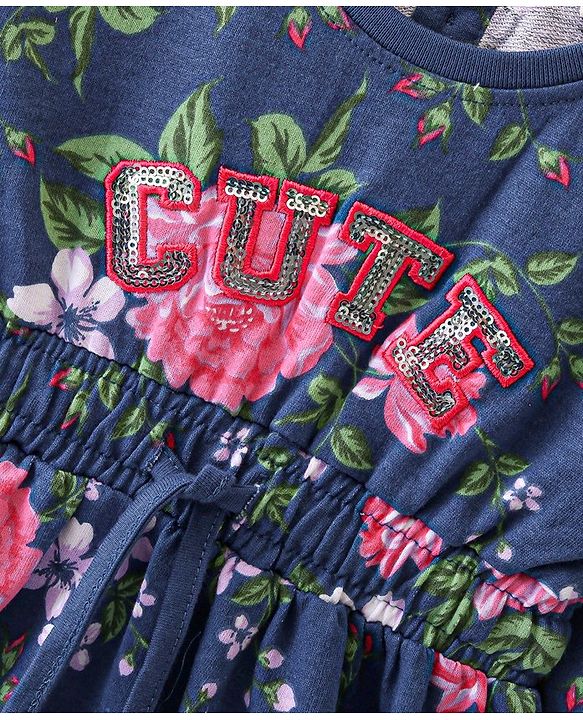 Babyhug 100% Cotton Knit Full Sleeves Winter Frock Floral Print- Blue