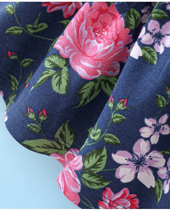 Babyhug 100% Cotton Knit Full Sleeves Winter Frock Floral Print- Blue