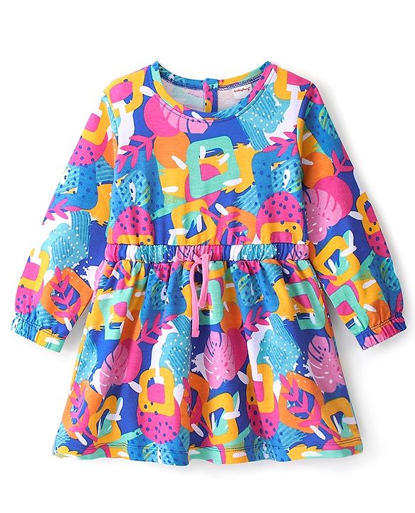 Babyhug 100% Cotton Knit Full Sleeves Winter Frock Abstract Print - Blue
