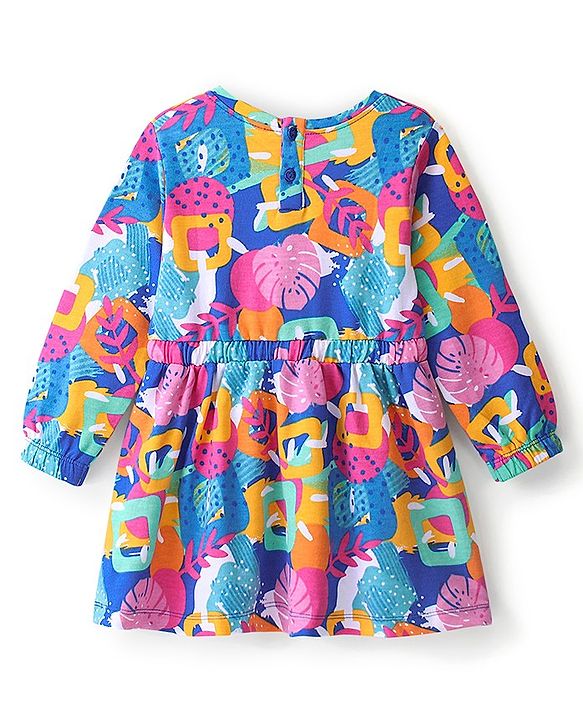 Babyhug 100% Cotton Knit Full Sleeves Winter Frock Abstract Print - Blue