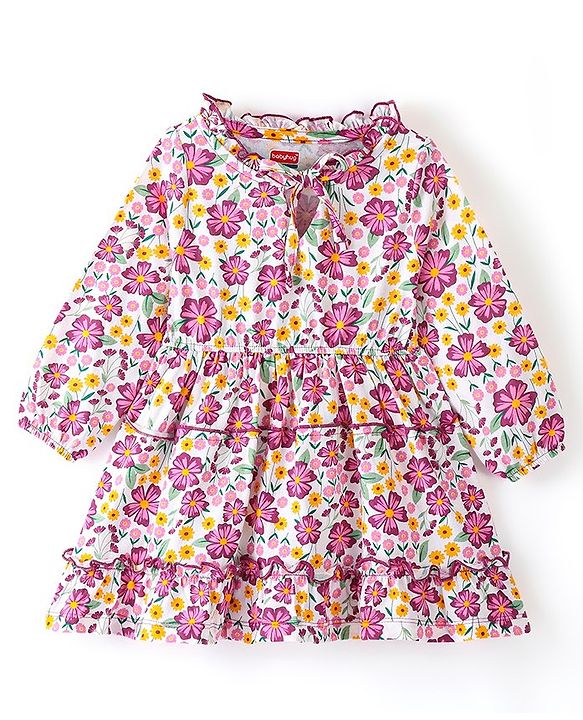 Babyhug 100% Cotton Knit Full Sleeves Frock With Floral Print - White & Purple