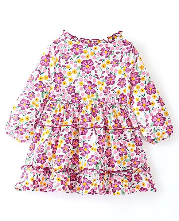 Babyhug 100% Cotton Knit Full Sleeves Frock With Floral Print - White & Purple