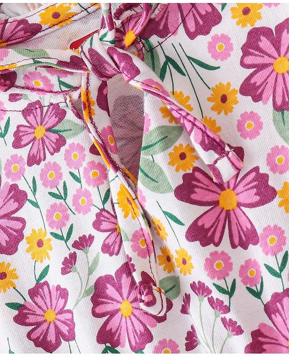Babyhug 100% Cotton Knit Full Sleeves Frock With Floral Print - White & Purple