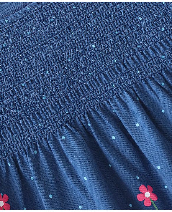 Babyhug 100% Cotton Full Sleeves Frock With Floral Print- Navy Blue