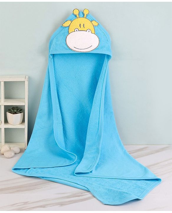 Babyhug Cotton Terry Knit Towel with Hood Giraffe Applique L 76.2 x B 76.2 cm - Blue
