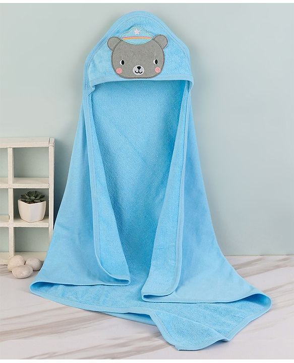 Babyhug Cotton Terry Knit Towel with Hood Bear Applique L 76.2 x B 76.2 cm - Blue