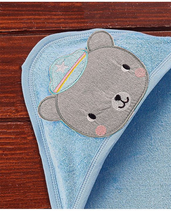 Babyhug Cotton Terry Knit Towel with Hood Bear Applique L 76.2 x B 76.2 cm - Blue