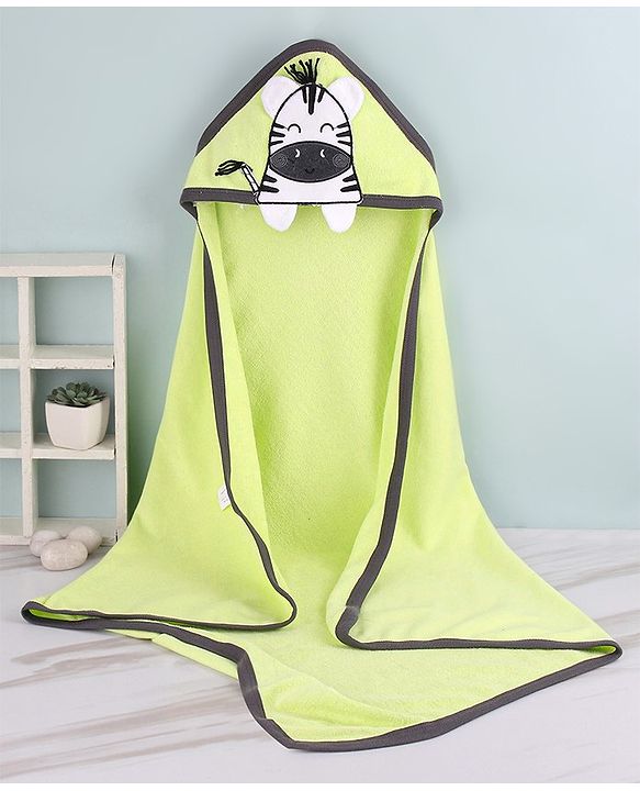 Babyhug Cotton Terry Knit Zebra Design Towel with Hood L 76 x B 76 cm - Green