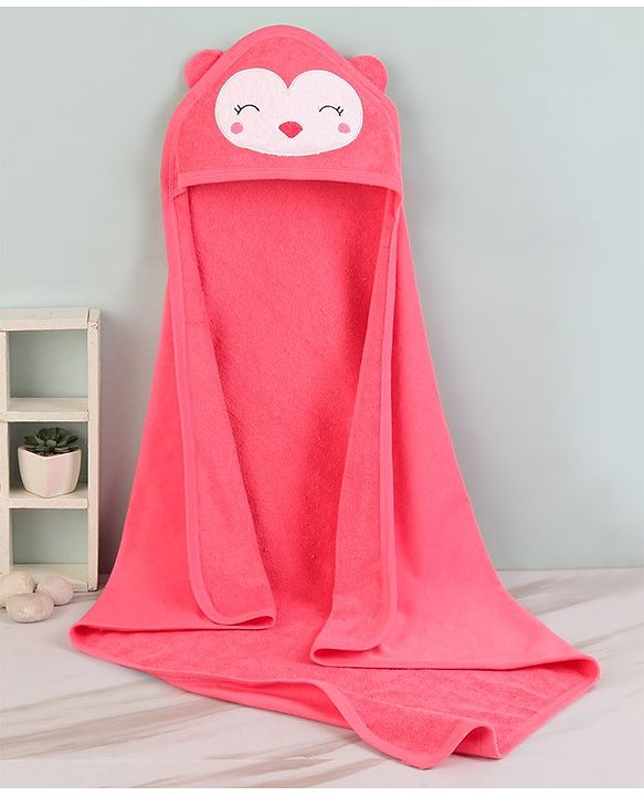 Babyhug Cotton Terry Knit Towel with Hood Face Applique L 76.2 x B 76.2 cm - Pink