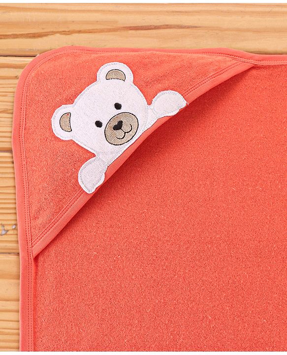 Babyhug Knit Terry Towel with Hood Bear Print L 76.2 X B 76.2 cm - Orange